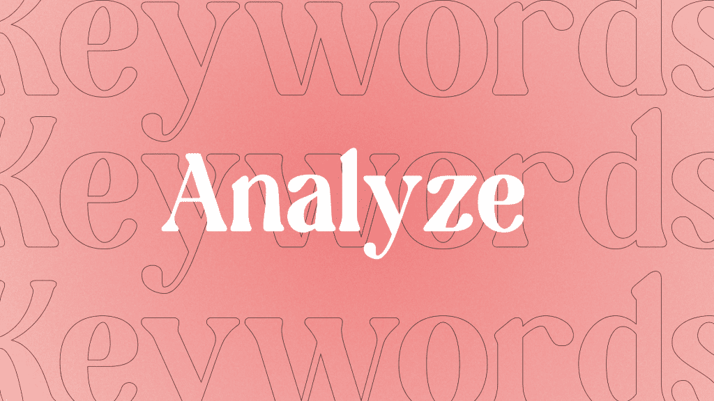 Abstrakt bild med rubriken 'Keyword Analyze'. Bilden har en modern och grafisk design med dynamiska former och färger som illustrerar konceptet av nyckelordsanalys